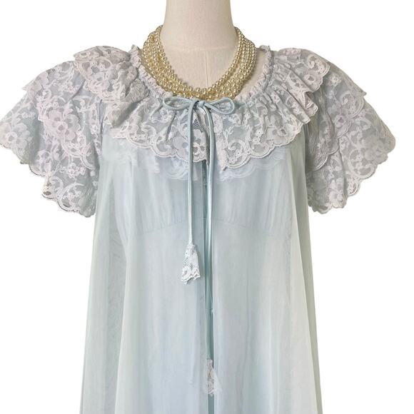 Vintage 60s Shadowline Pastel Blue Nylon Chiffon Lacy Maxi Peignoir Set Size M - Picture 6 of 13